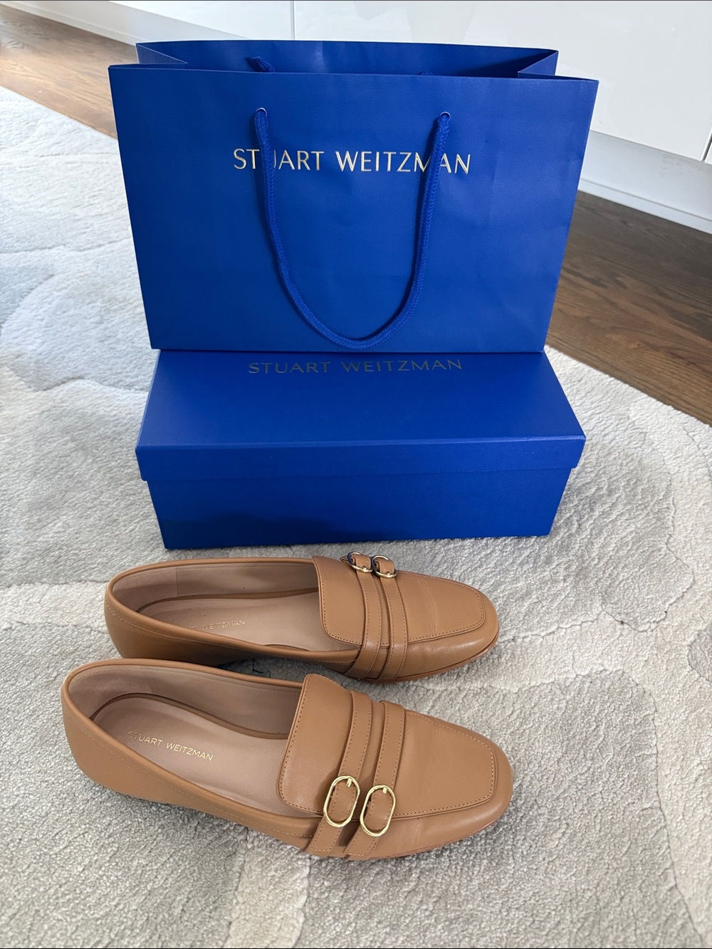 Stuart Weitzman Camel/Tan Leather Double-Buckle Loafers